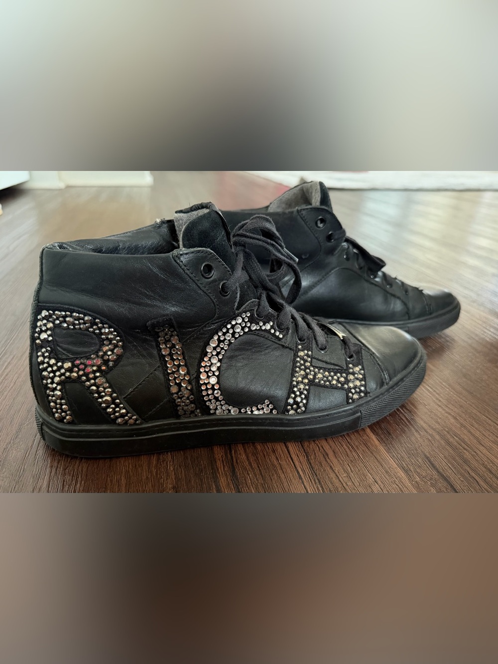 John Richmond Black High-Top Sneakers with Crystal Logo